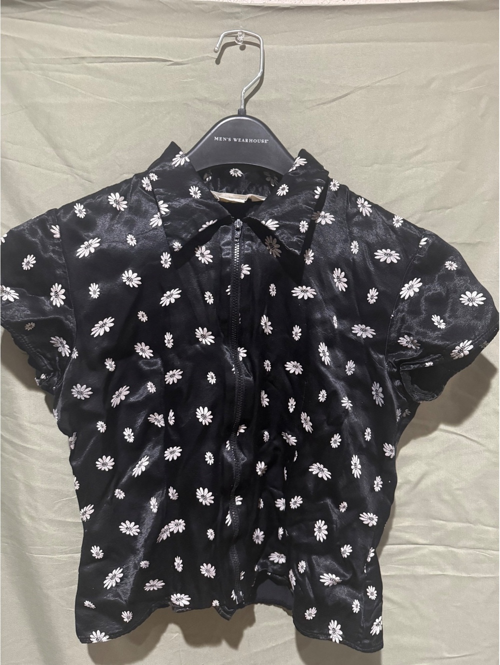 Black floral short sleeve button up blouse